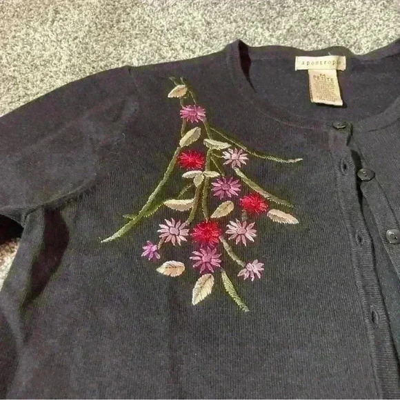Apostrophe Sweater Womens Petite M Black Cardigan Floral 3/4 Sleeve - Picture 3 of 8